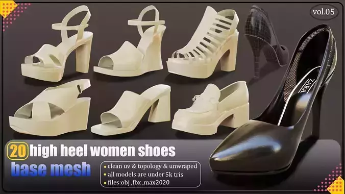 20 high heel women shoes lowpoly basemesh   Low-poly 3D model