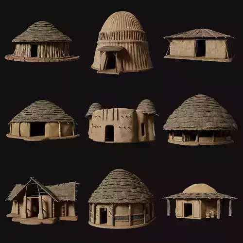 PRIMITIVE PRIMAL HUTS SHELTER HOUSE COTTAGE SETTLEMENT BUILDER Low-poly 3D model