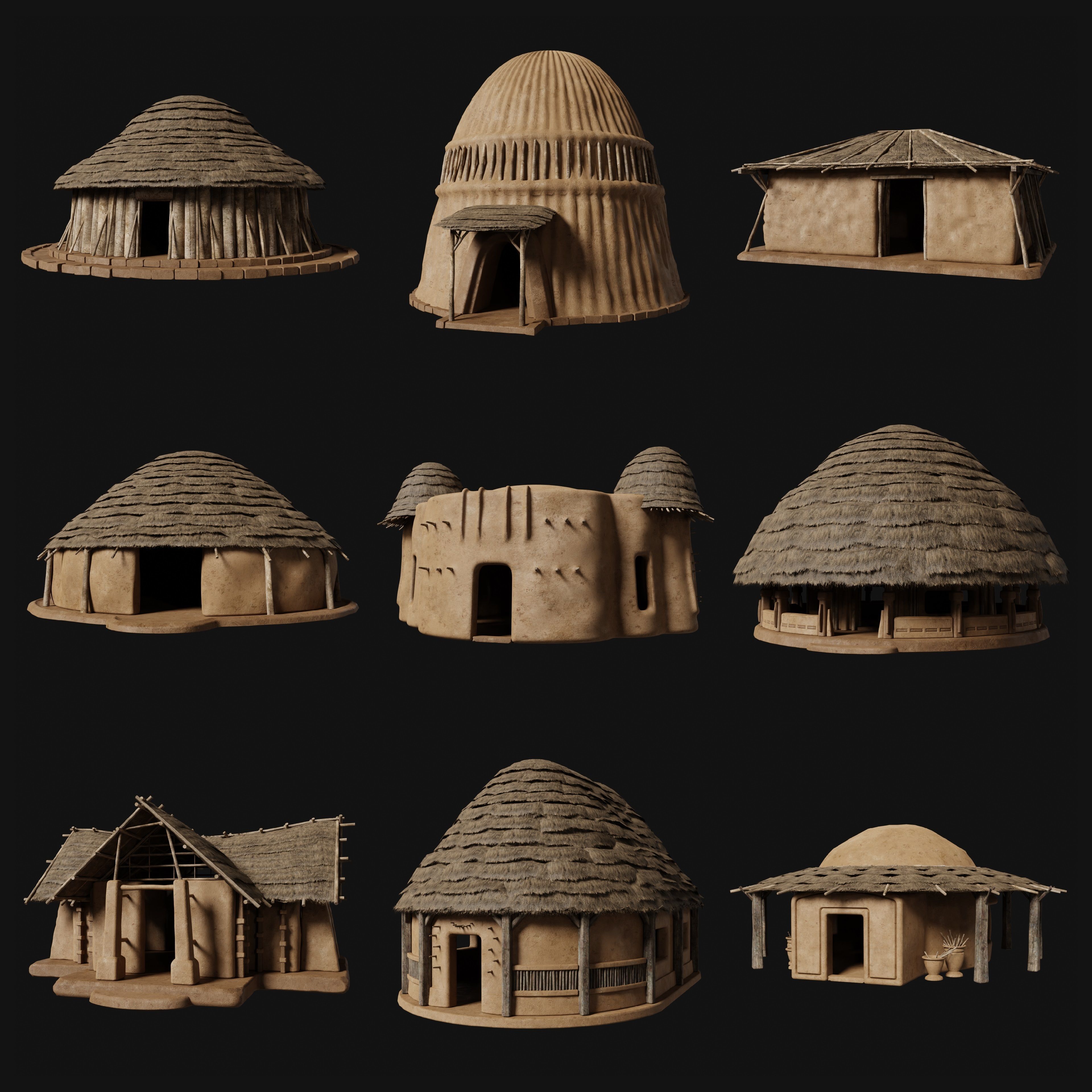 PRIMITIVE PRIMAL HUTS SHELTER HOUSE COTTAGE SETTLEMENT BUILDER Low-poly 3D model_37