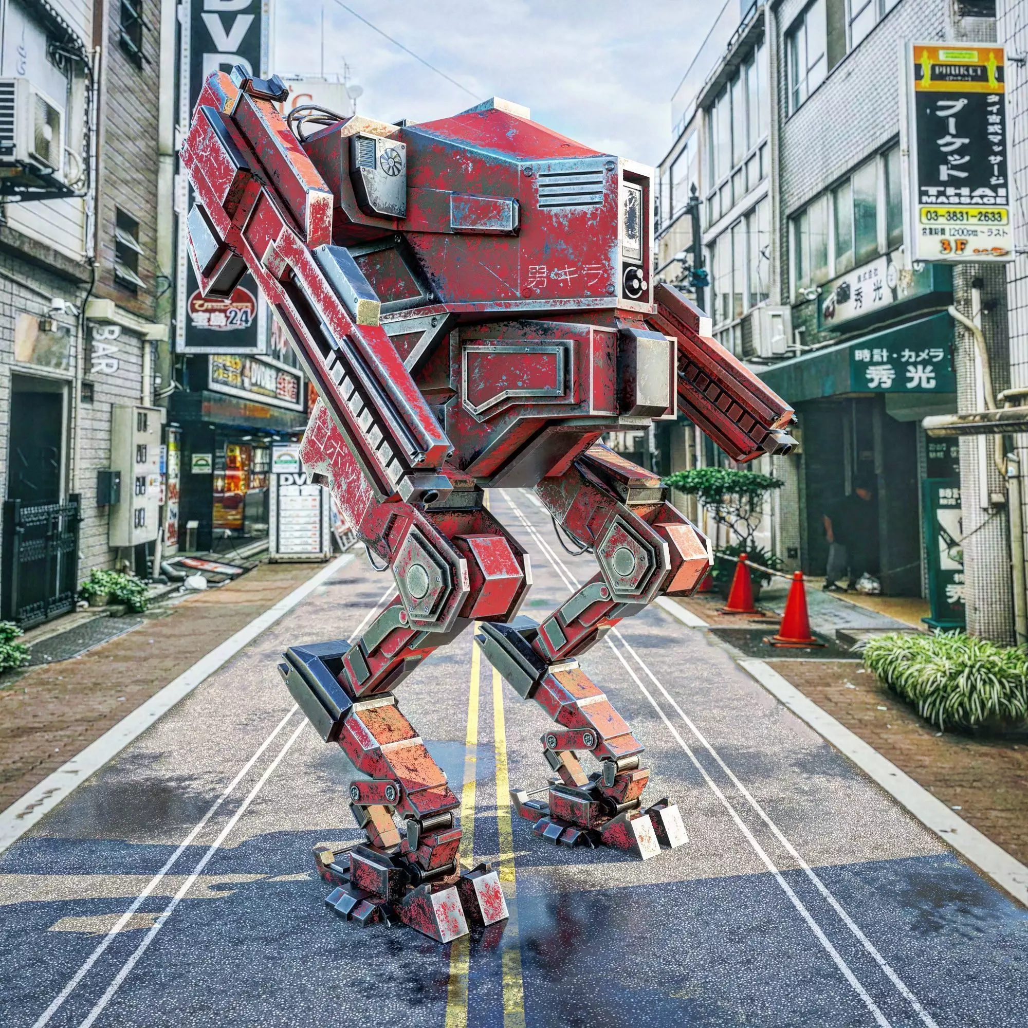 Model of Red Lowpoly Japan Mech EDITABLE Low-poly 3D model_0
