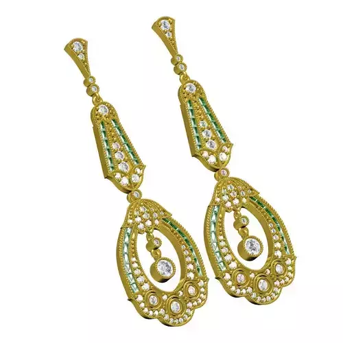 Green Baguette and White Diamond Vintage Style Earring