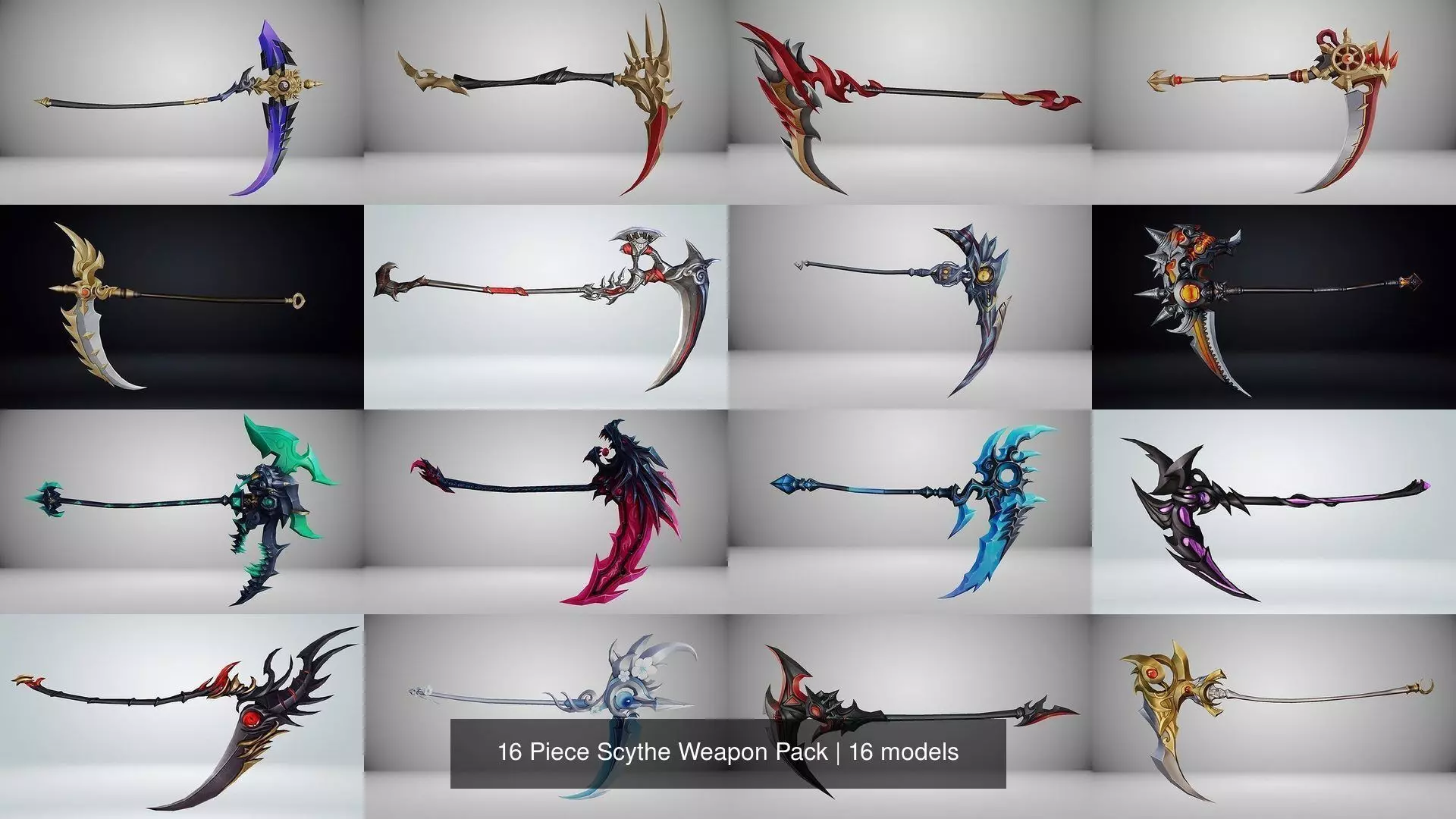 16 Piece Scythe Weapon Pack 3D Model Collection_0
