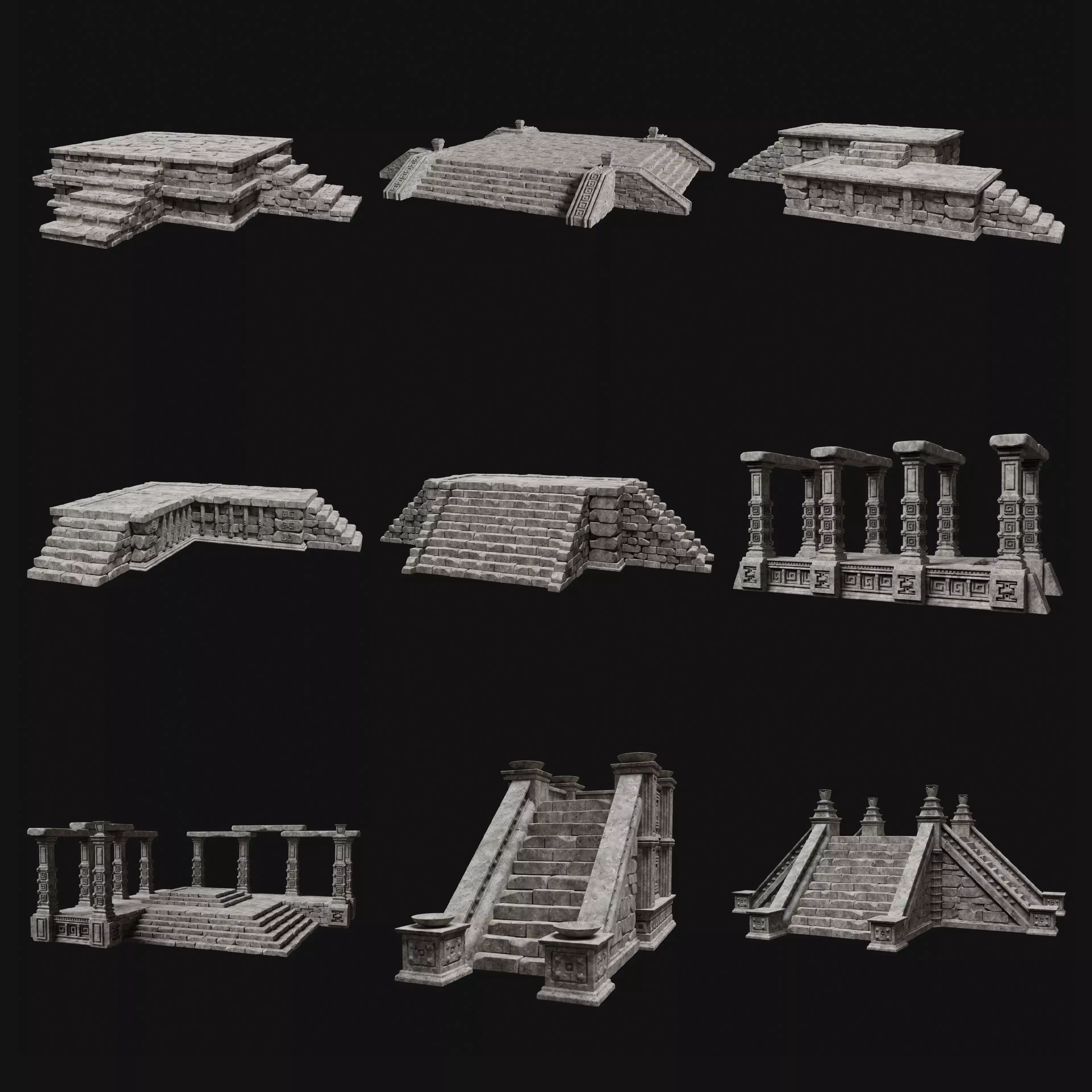 AZTEC MAYAN INCA MESOAMERICA STONE PLATFORM STAIRS COLLECTION Low-poly 3D model_0