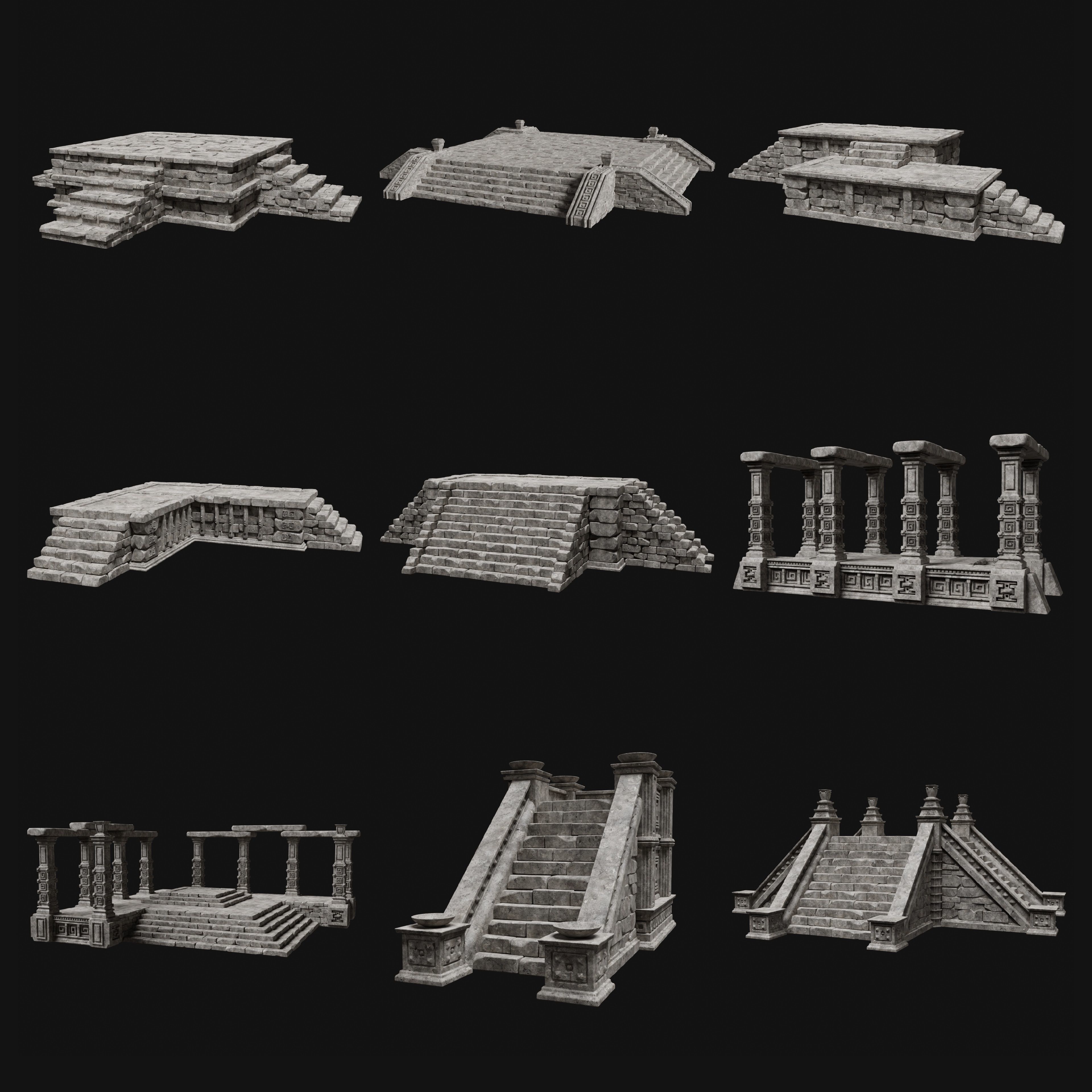 AZTEC MAYAN INCA MESOAMERICA STONE PLATFORM STAIRS COLLECTION Low-poly 3D model_37