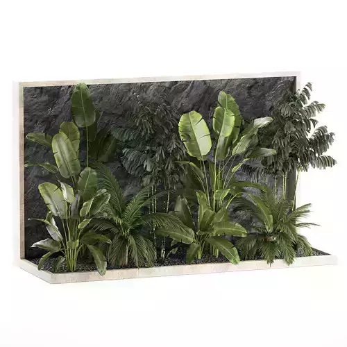 Tropical home garden with rock wall and black pebbles 1276 3D model
