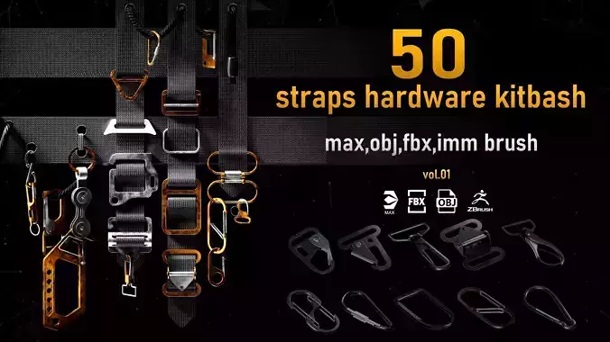 50 Straps Hardware Kitbash 3D Models  and imm brushes