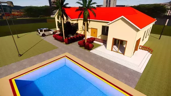 Resort house pitched roof with swimming pool in Revit 3D model