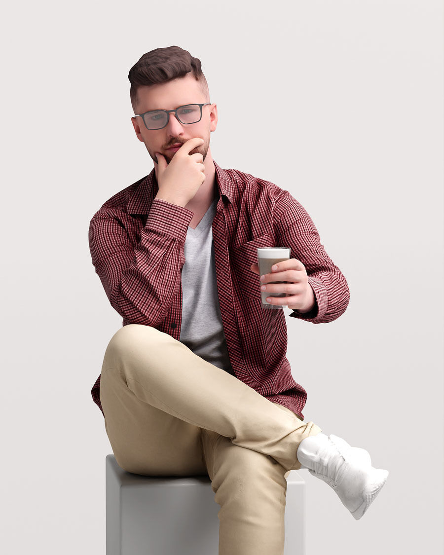 Humano Man sitting and drinking coffee - Cafe -054-2391-6 3D model_7
