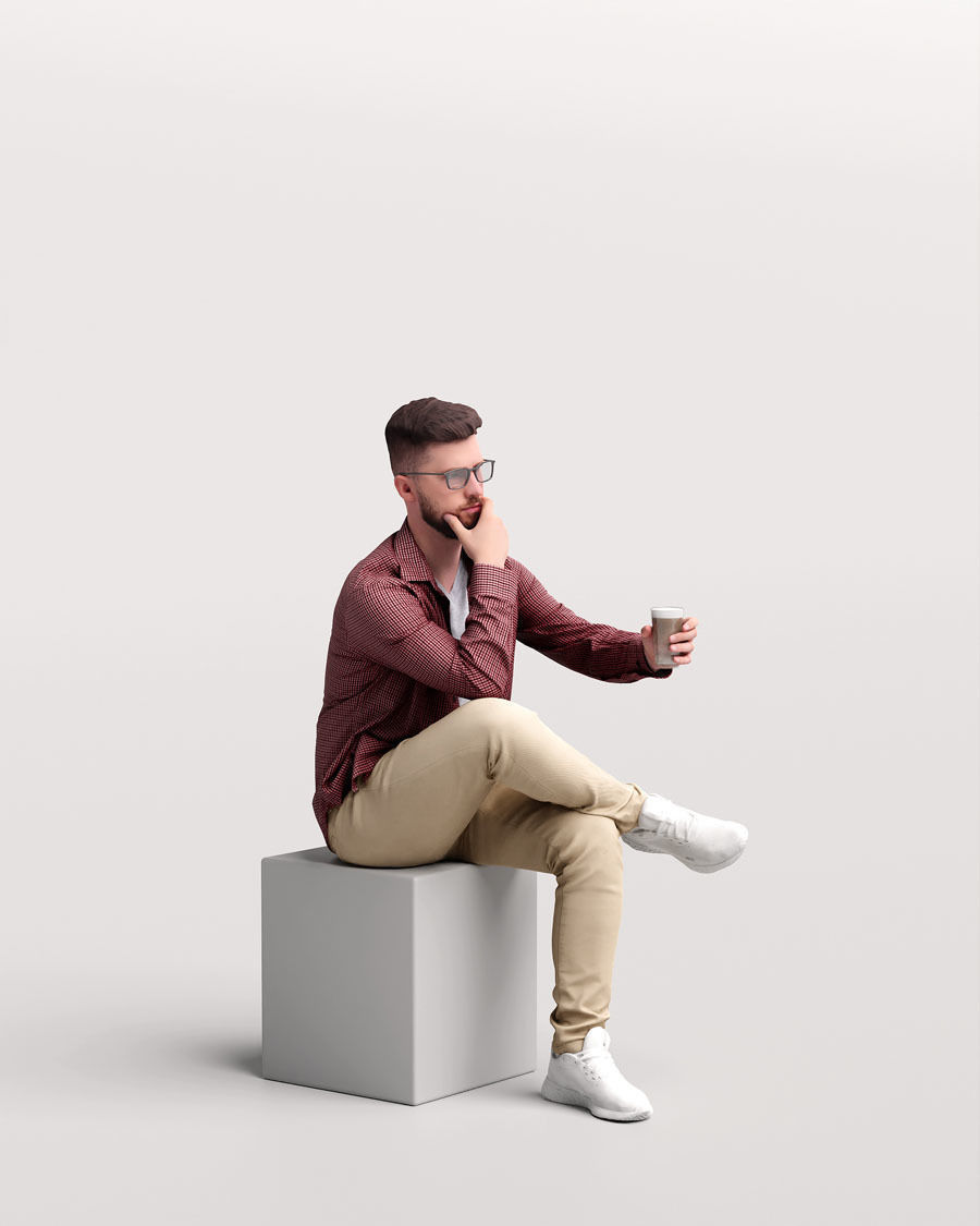 Humano Man sitting and drinking coffee - Cafe -054-2391-6 3D model_2
