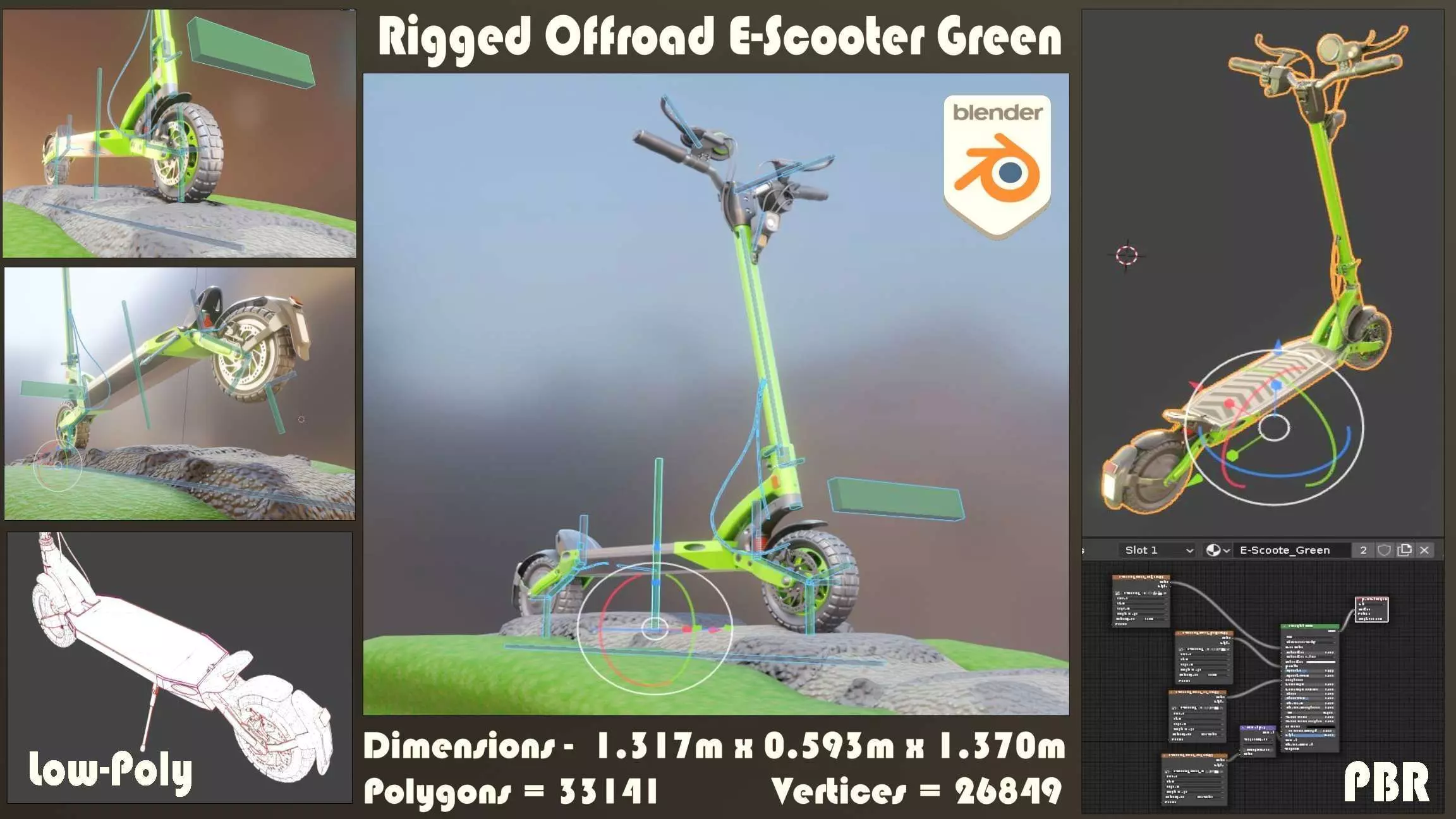 Rigged Off-Road E-Scooter Low-Poly Green Low-poly 3D model