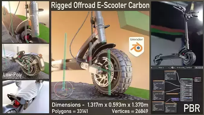 Rigged Off-Road E-Scooter Low-Poly Carbon Low-poly 3D model