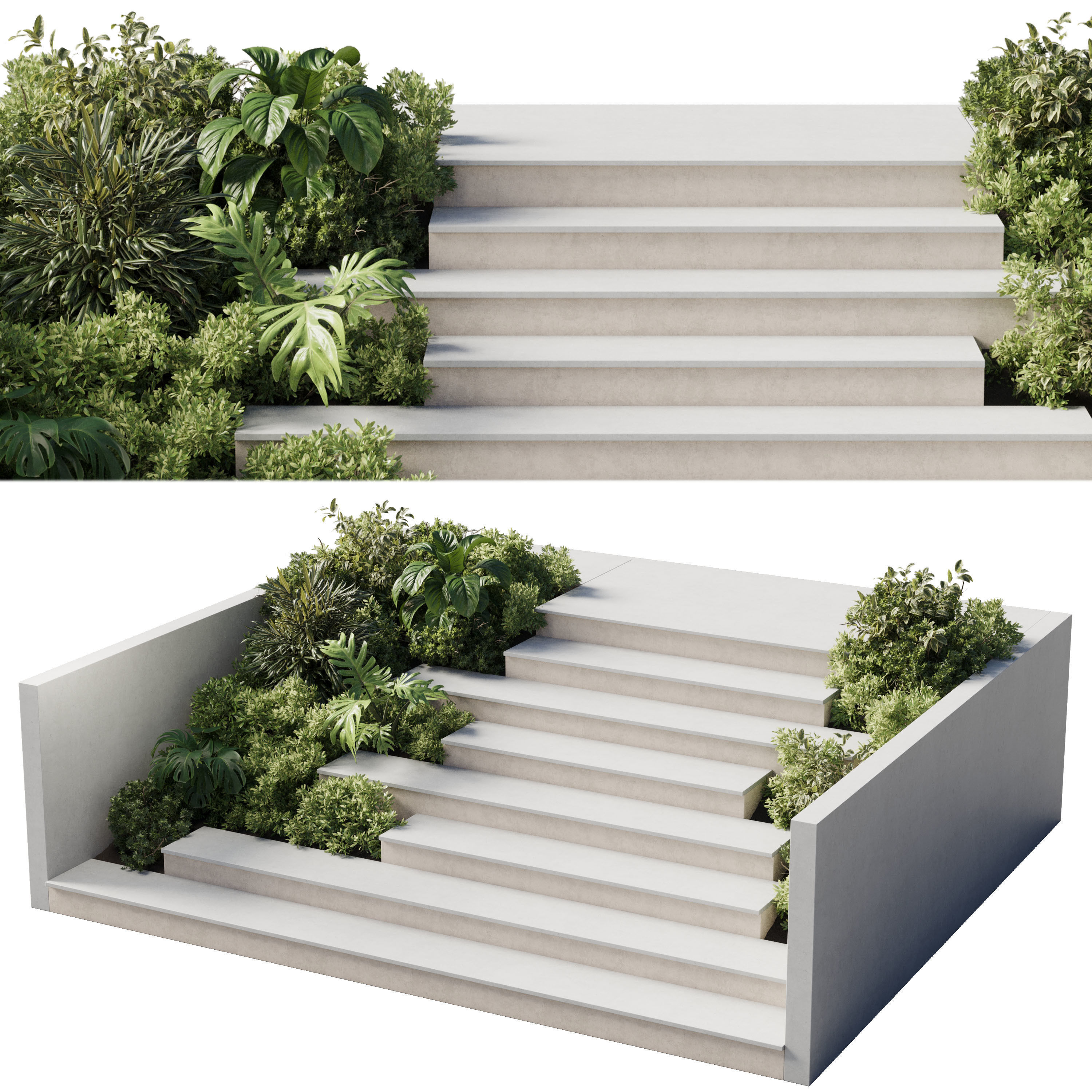 Entrance and exit stairs with furniture and garden 158 Low-poly 3D model_1