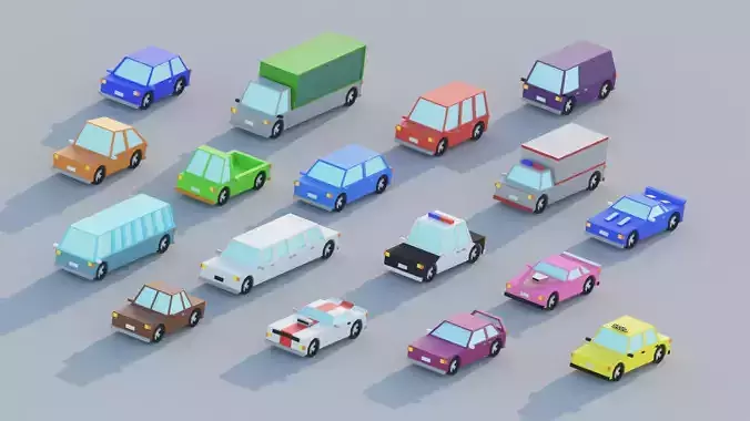Cartoon Low Poly Cars Kit - 17 Vehicles Low-poly 3D model