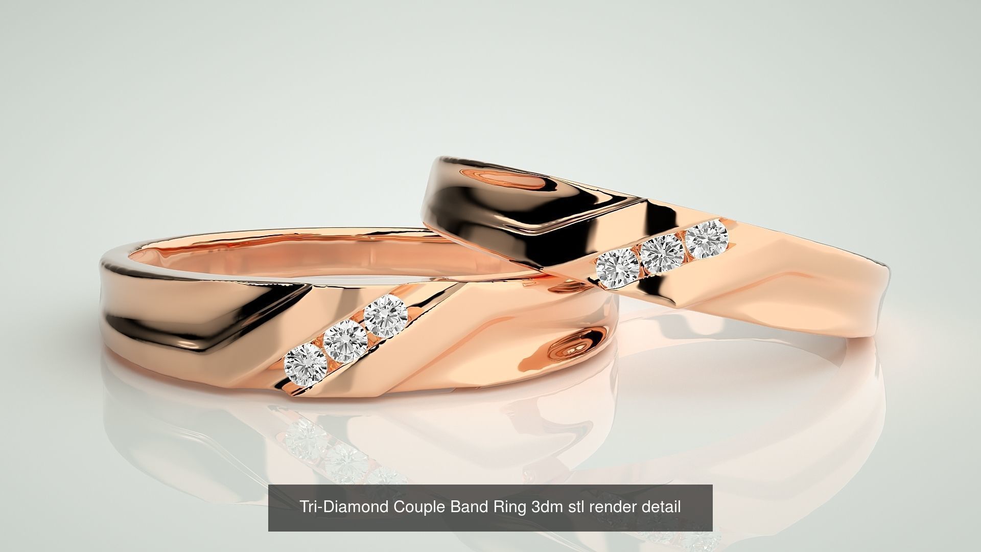 18 Tri-Diamond Solitaire Couple Band Ring 3dm stl render detail  3D Model Collection_11