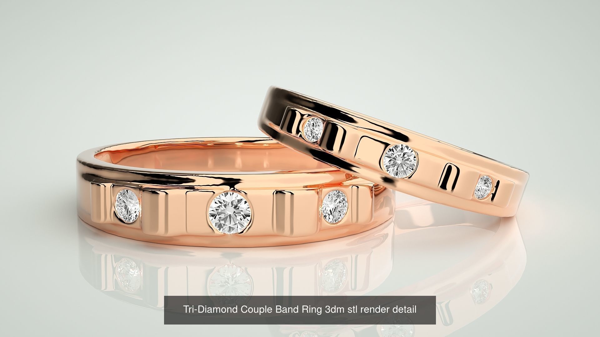 18 Tri-Diamond Solitaire Couple Band Ring 3dm stl render detail  3D Model Collection_15