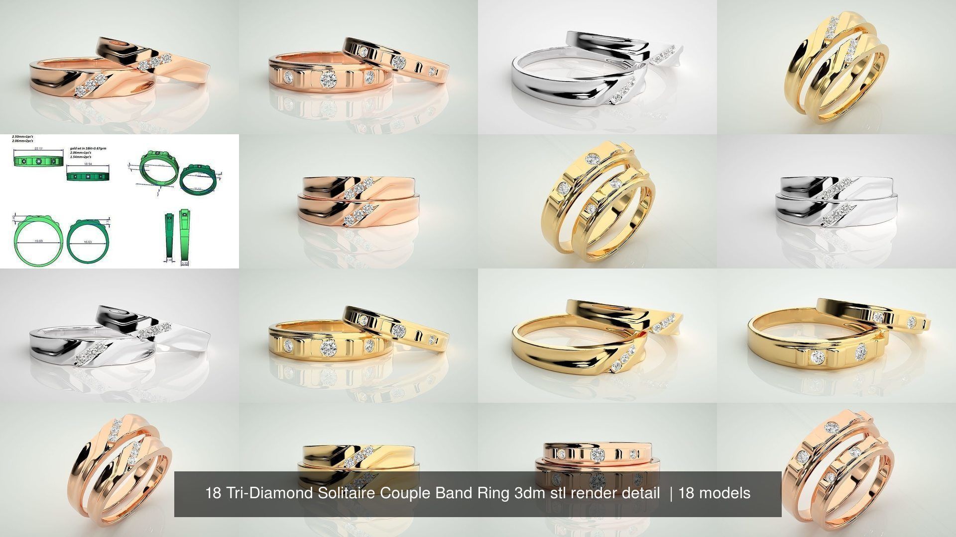 18 Tri-Diamond Solitaire Couple Band Ring 3dm stl render detail  3D Model Collection_2