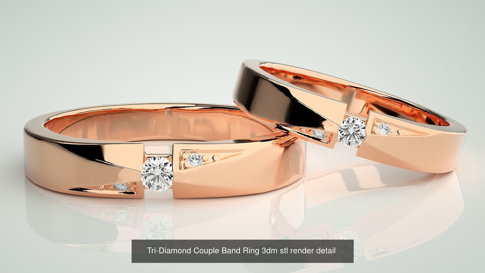 18 Tri-Diamond Solitaire Couple Band Ring 3dm stl render detail  3D Model Collection_7