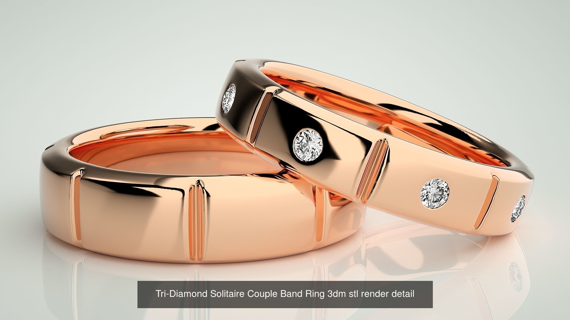 18 Tri-Diamond Solitaire Couple Band Ring 3dm stl render detail  3D Model Collection_6