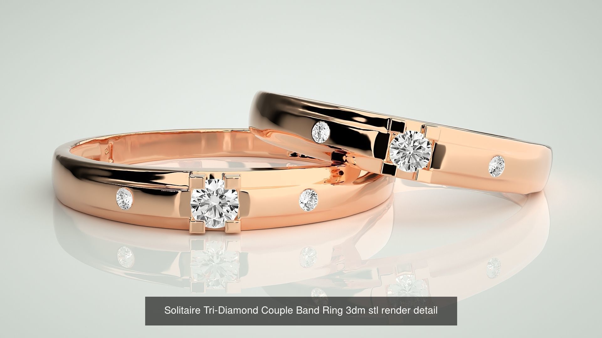 18 Tri-Diamond Solitaire Couple Band Ring 3dm stl render detail  3D Model Collection_13
