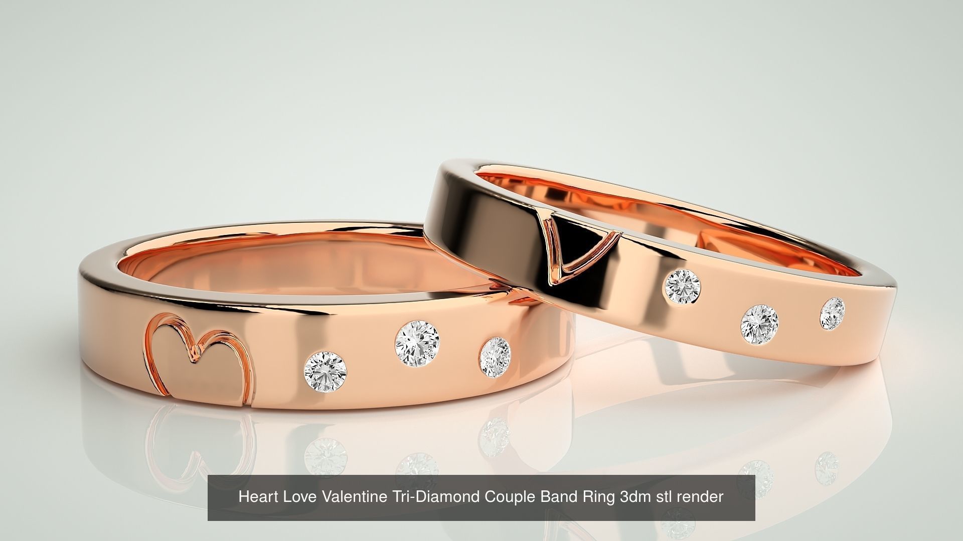 18 Tri-Diamond Solitaire Couple Band Ring 3dm stl render detail  3D Model Collection_10