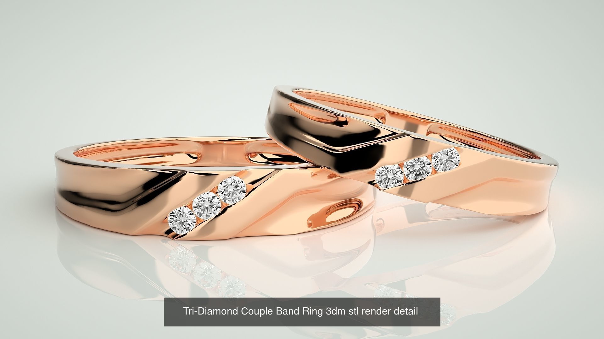 18 Tri-Diamond Solitaire Couple Band Ring 3dm stl render detail  3D Model Collection_1