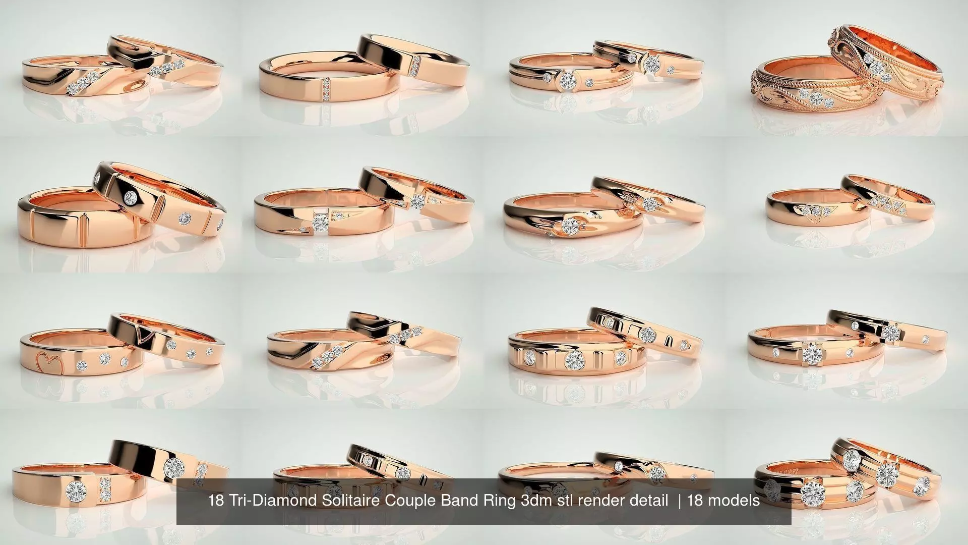 18 Tri-Diamond Solitaire Couple Band Ring 3dm stl render detail  3D Model Collection_0