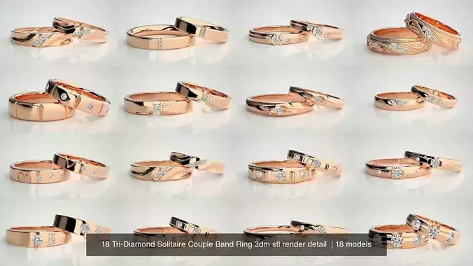 18 Tri-Diamond Solitaire Couple Band Ring 3dm stl render detail  3D Model Collection