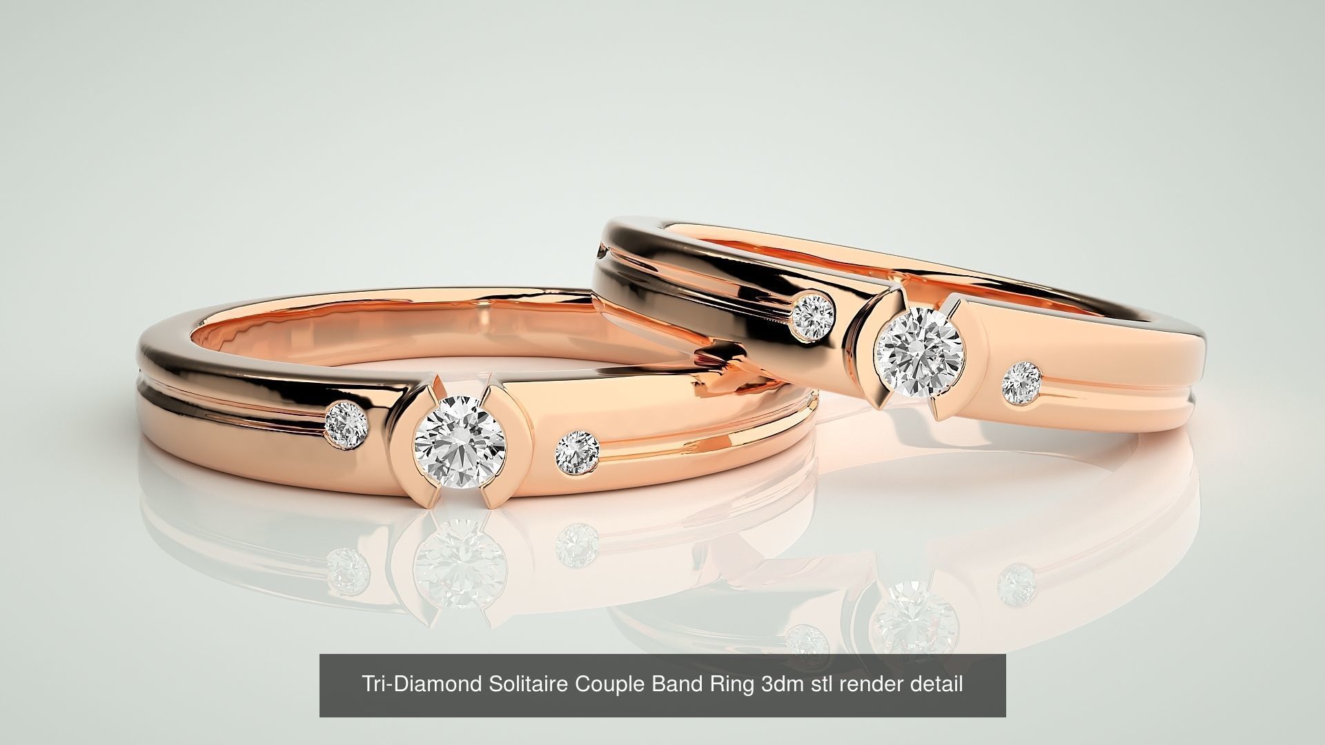 18 Tri-Diamond Solitaire Couple Band Ring 3dm stl render detail  3D Model Collection_4