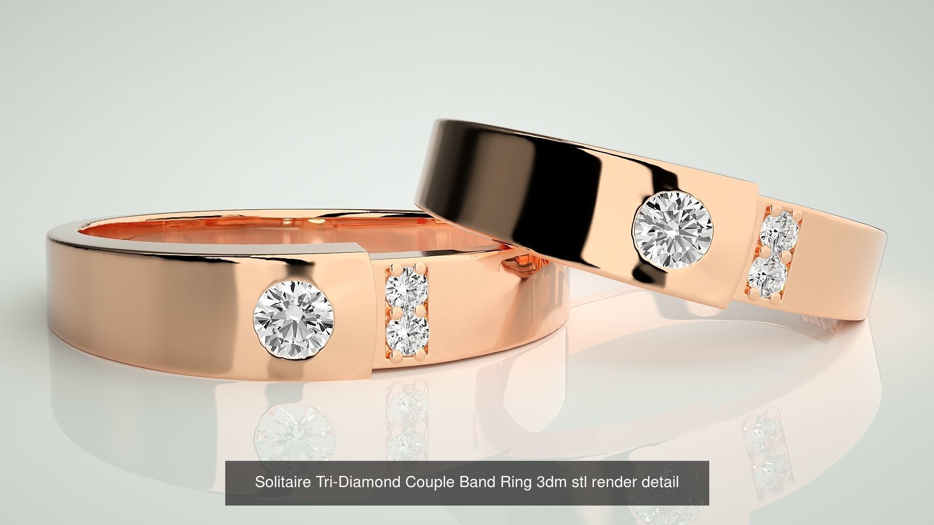18 Tri-Diamond Solitaire Couple Band Ring 3dm stl render detail  3D Model Collection_14
