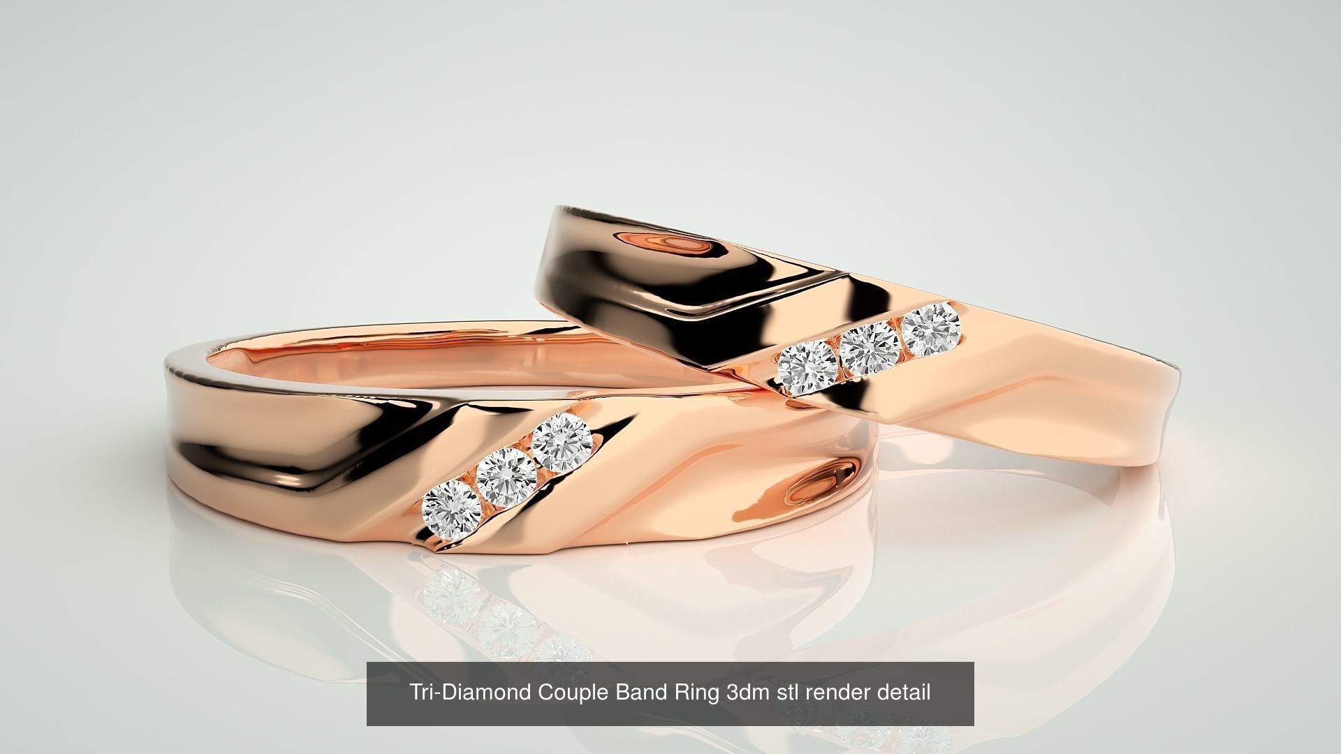 18 Tri-Diamond Solitaire Couple Band Ring 3dm stl render detail  3D Model Collection_18