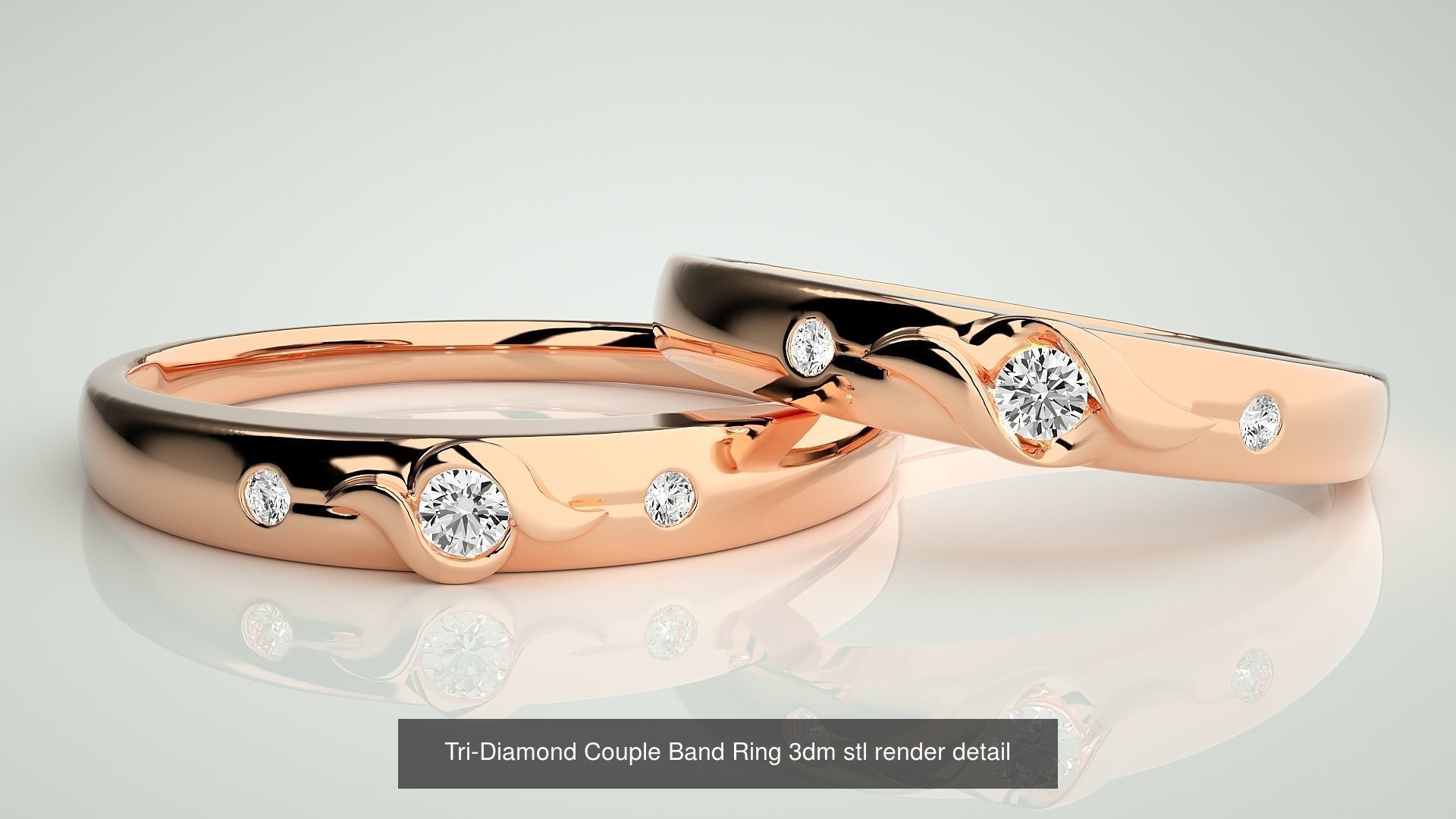 18 Tri-Diamond Solitaire Couple Band Ring 3dm stl render detail  3D Model Collection_16