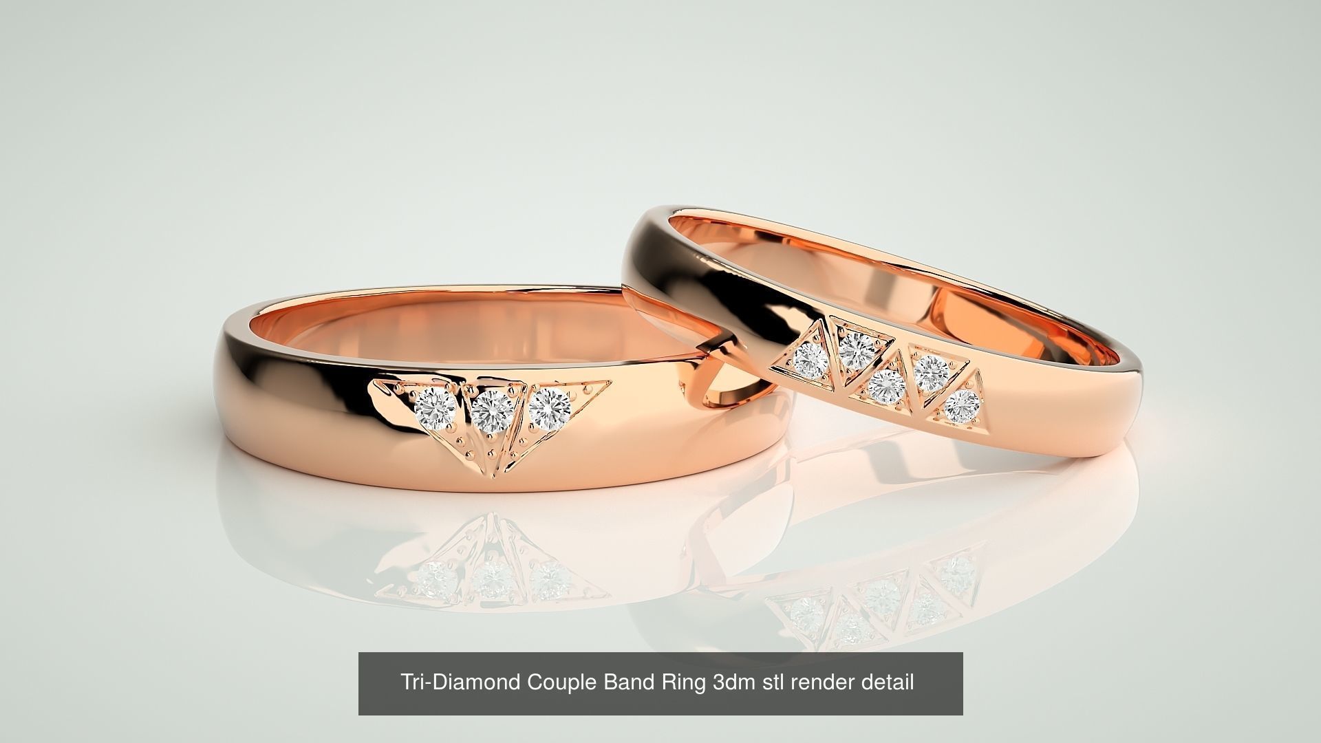 18 Tri-Diamond Solitaire Couple Band Ring 3dm stl render detail  3D Model Collection_9