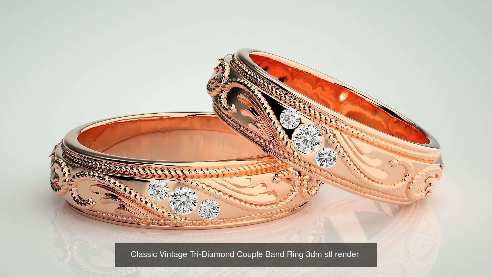 18 Tri-Diamond Solitaire Couple Band Ring 3dm stl render detail  3D Model Collection_5