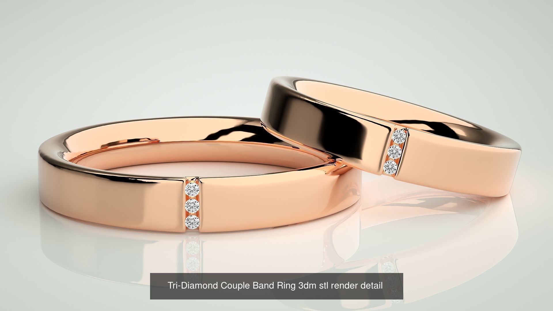 18 Tri-Diamond Solitaire Couple Band Ring 3dm stl render detail  3D Model Collection_3
