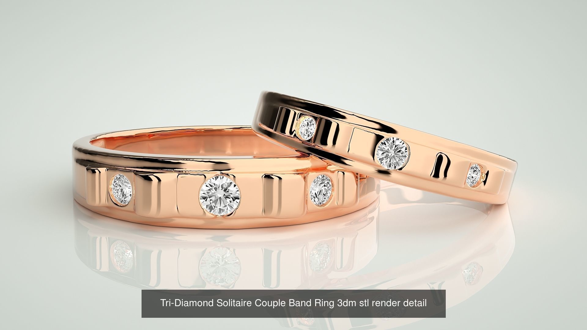 18 Tri-Diamond Solitaire Couple Band Ring 3dm stl render detail  3D Model Collection_19