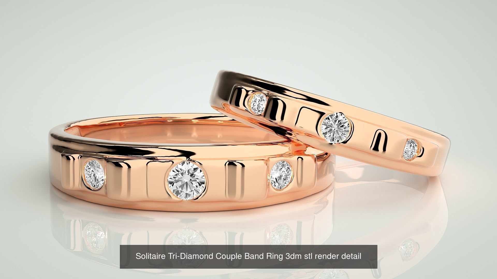 18 Tri-Diamond Solitaire Couple Band Ring 3dm stl render detail  3D Model Collection_12