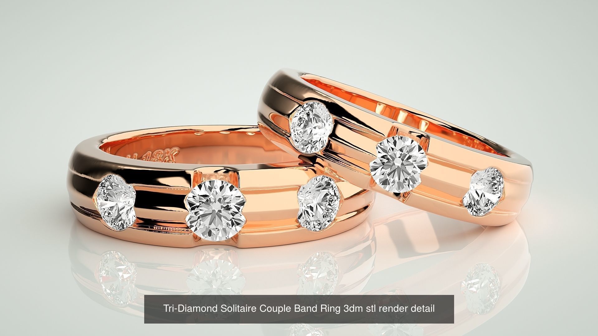 18 Tri-Diamond Solitaire Couple Band Ring 3dm stl render detail  3D Model Collection_17