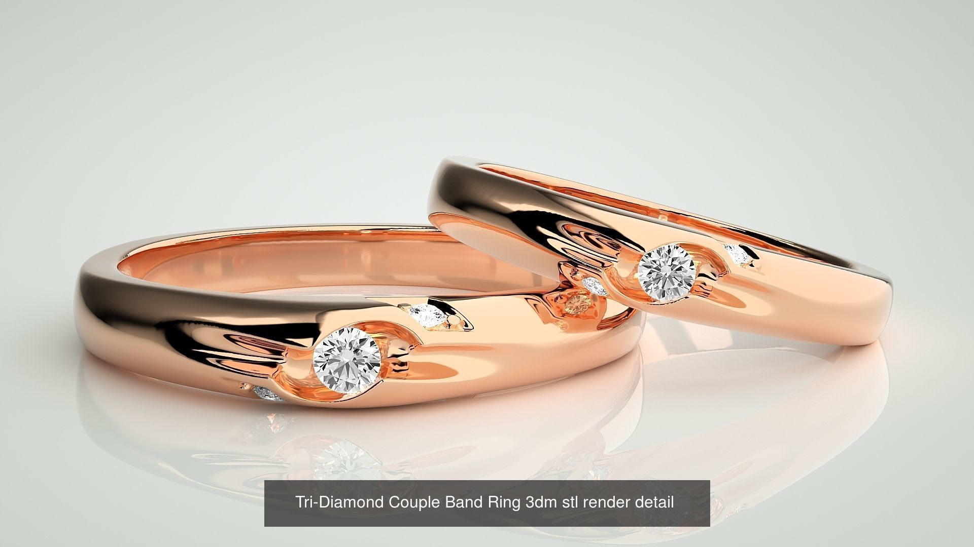 18 Tri-Diamond Solitaire Couple Band Ring 3dm stl render detail  3D Model Collection_8