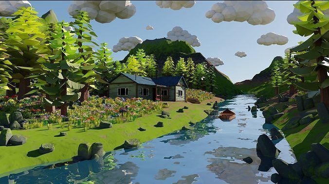 Mountain House River Scene 3D model