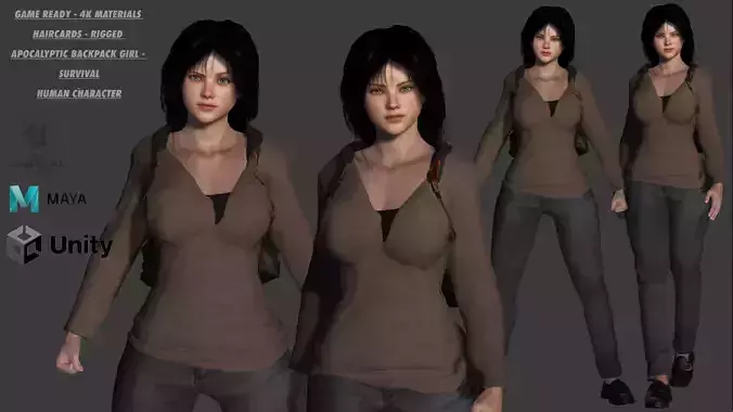 3D REALISTIC HUMAN RIGGED CHARACTER -BACKPACK GIRL-CASUAL OUTFIT