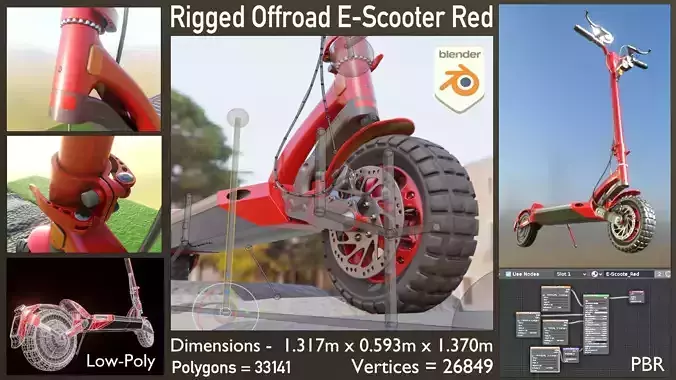 Rigged Off-Road E-Scooter Low-Poly Red Low-poly 3D model