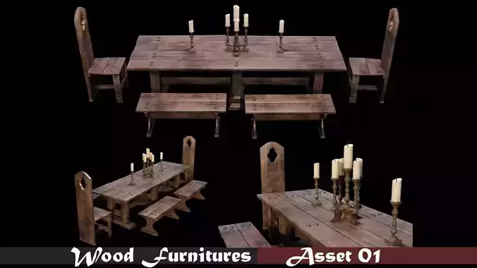 PBR WOOD FURNITURES - Asset - 01  - 4K Textures Game Ready Low-poly 3D model