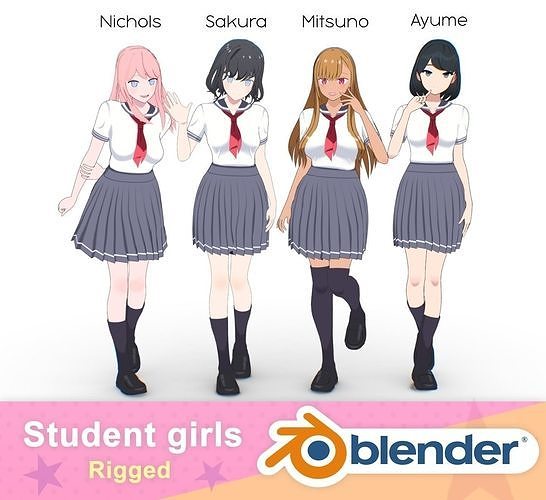 Anime Student Girls Pack - Stylized 3D Characters Low-poly 3D model