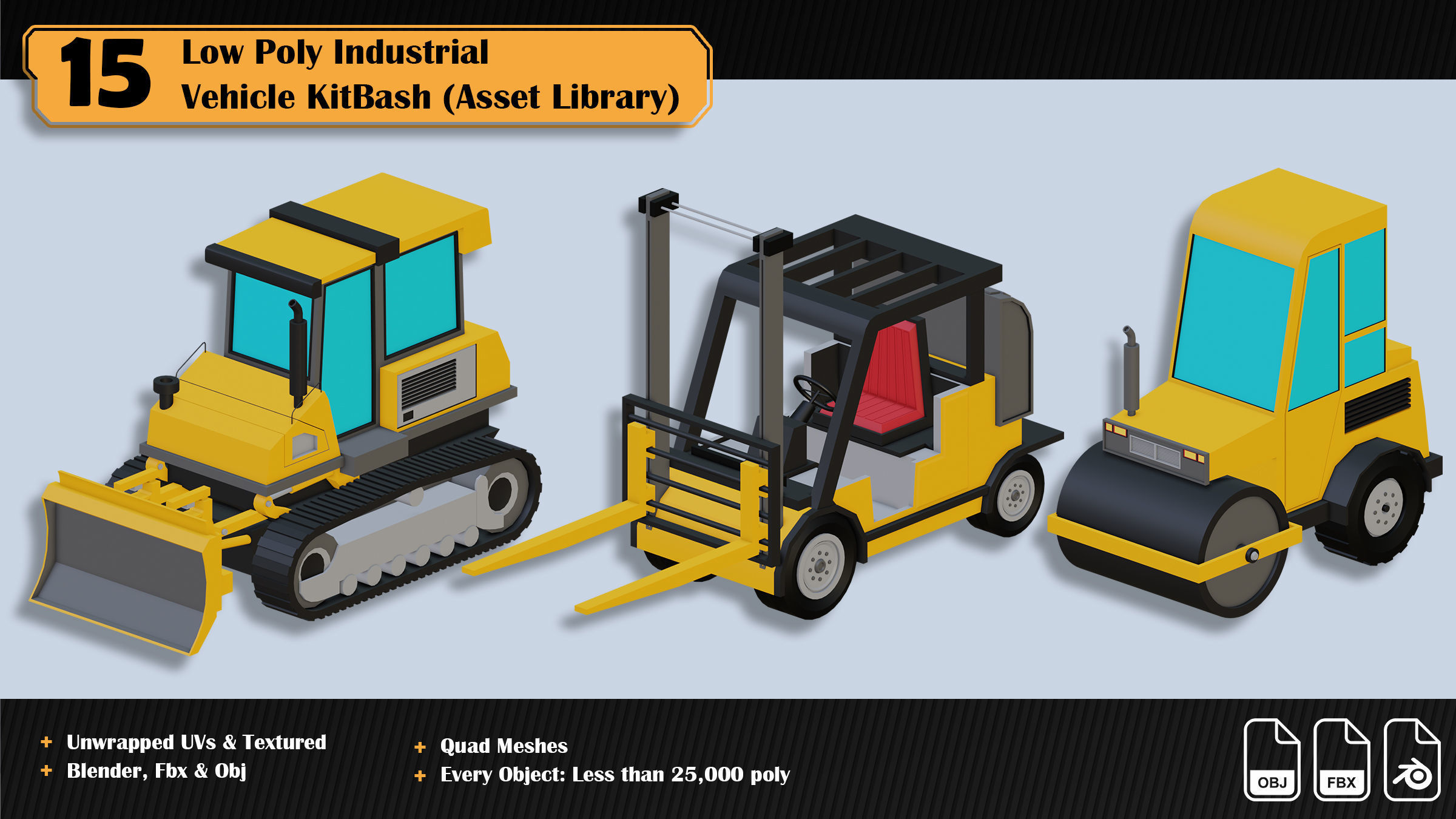 15 Low Poly Industrial Vehicle Asset Library Kitbash Low-poly 3D model_1