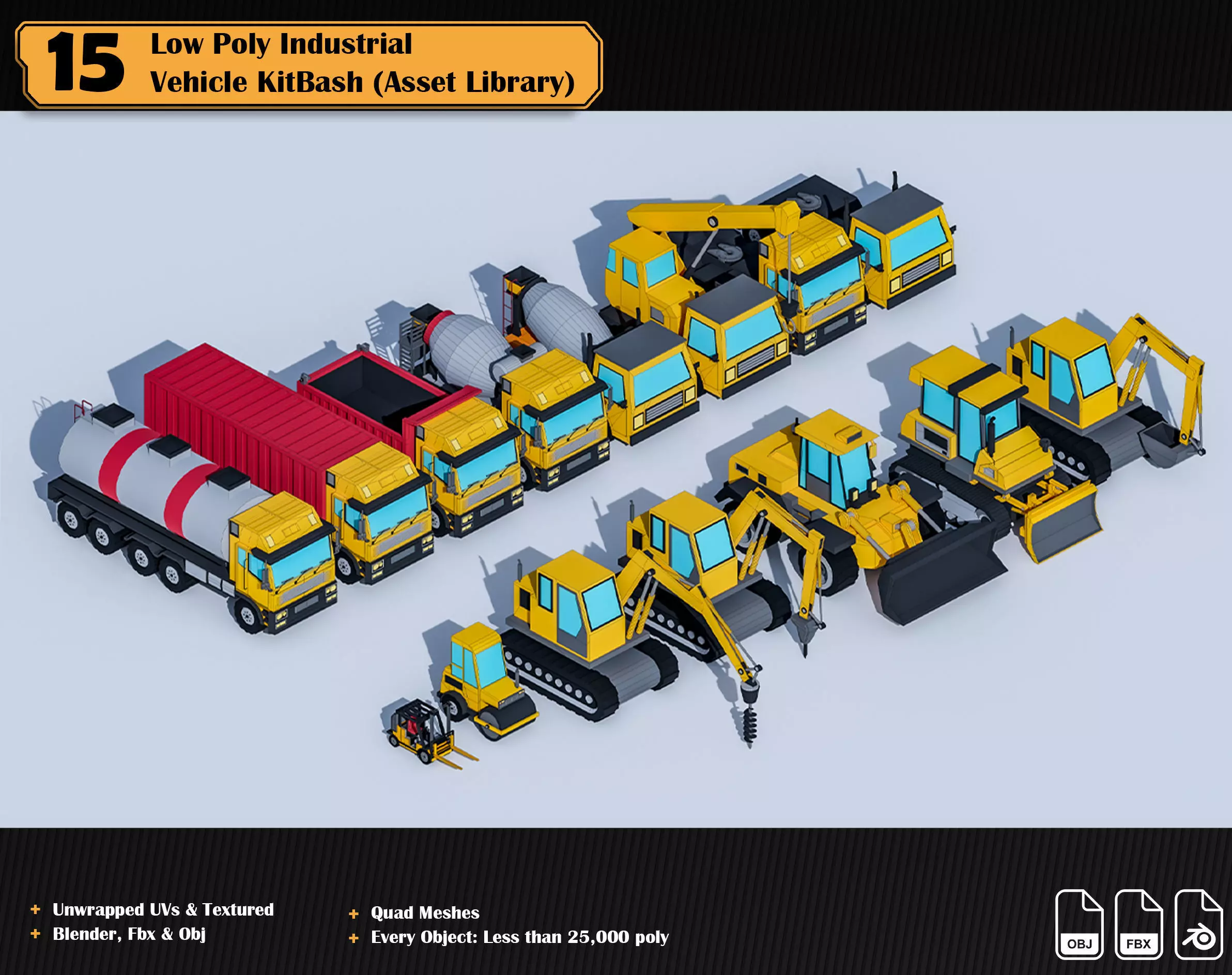 15 Low Poly Industrial Vehicle Asset Library Kitbash Low-poly 3D model_0