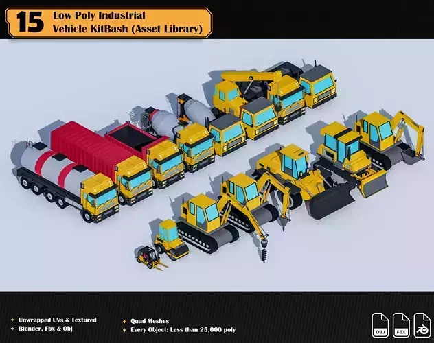 15 Low Poly Industrial Vehicle Asset Library Kitbash Low-poly 3D model