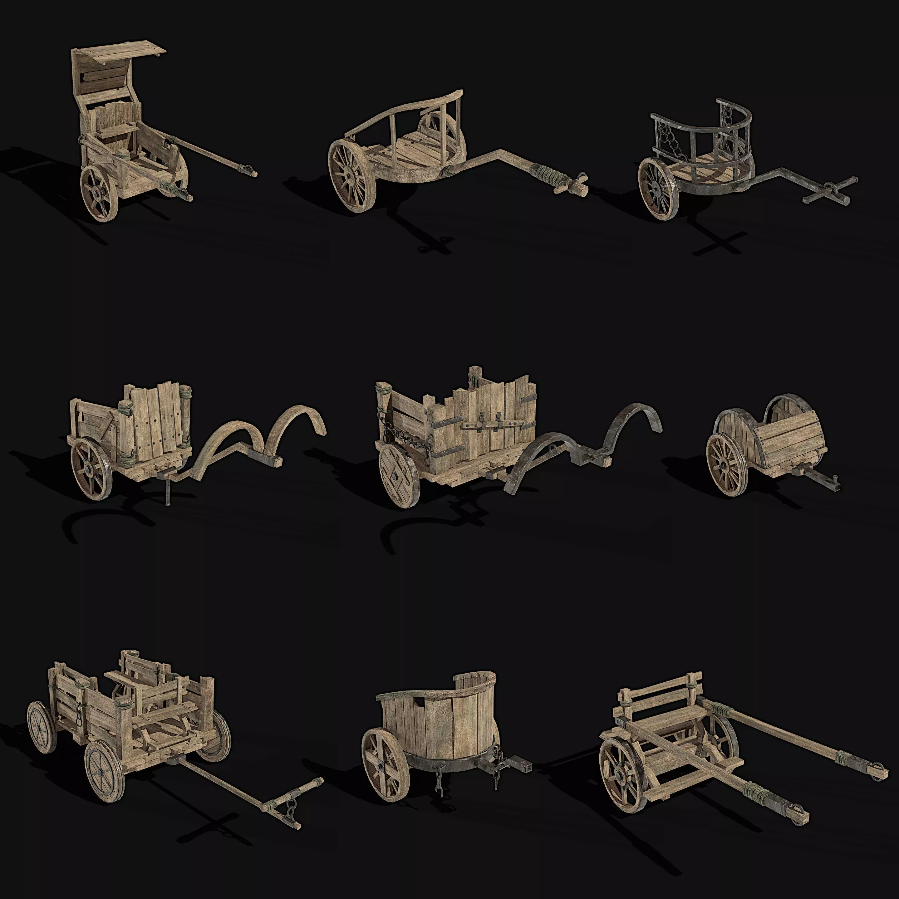 CHARIOT CART CAR WAGON TRAILER HORSE CARRIAGE HARNESS COLLECTION Low-poly 3D model