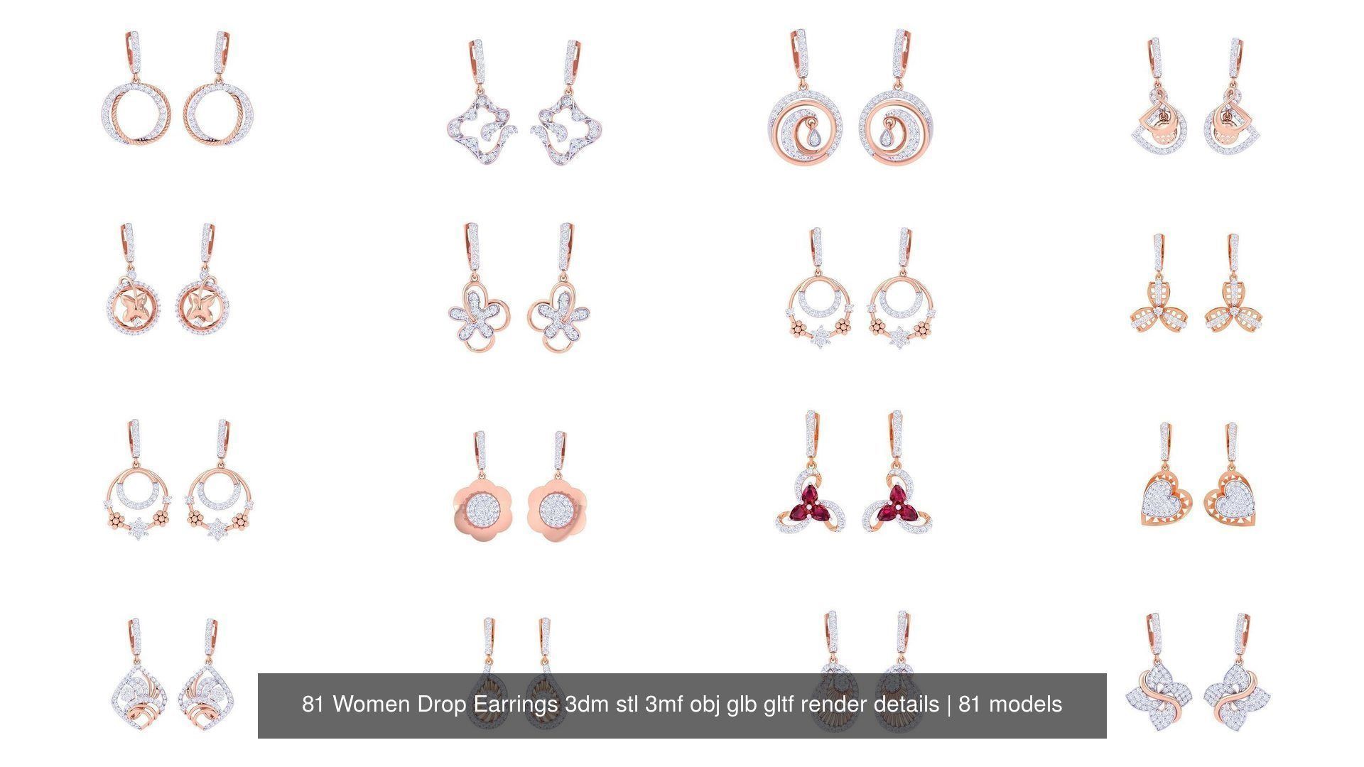 81 Women Drop Earrings 3dm stl 3mf obj glb gltf render details 3D Model Collection_4