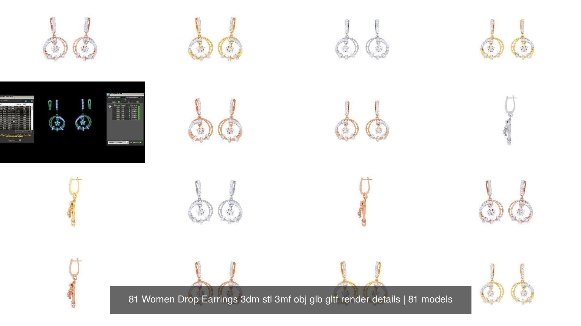 81 Women Drop Earrings 3dm stl 3mf obj glb gltf render details 3D Model Collection_7