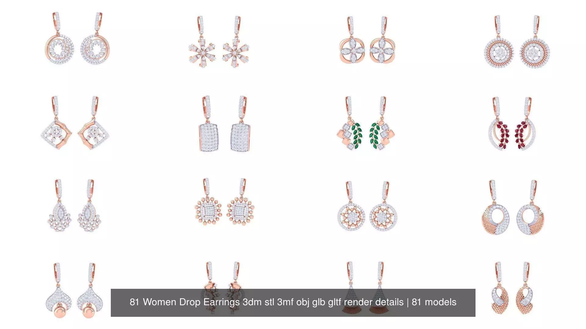 81 Women Drop Earrings 3dm stl 3mf obj glb gltf render details 3D Model Collection_0